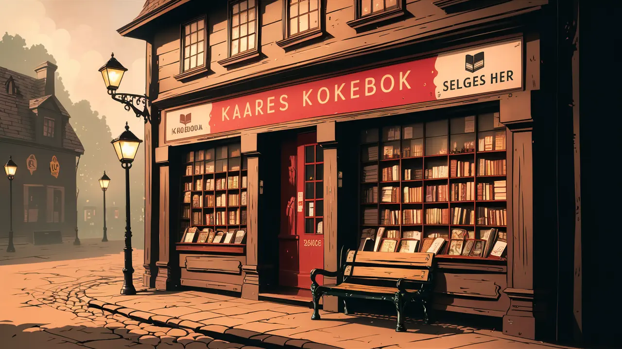 Bilde av bokhandel med Kaares kokebok. Illustrasjon.